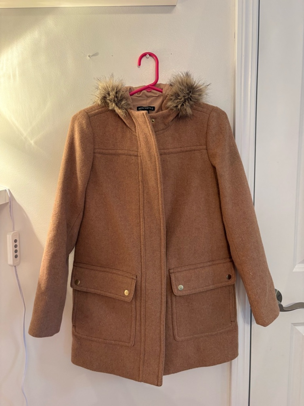 J. Crew Mercantile Camel Coat with Faux Fur Trim